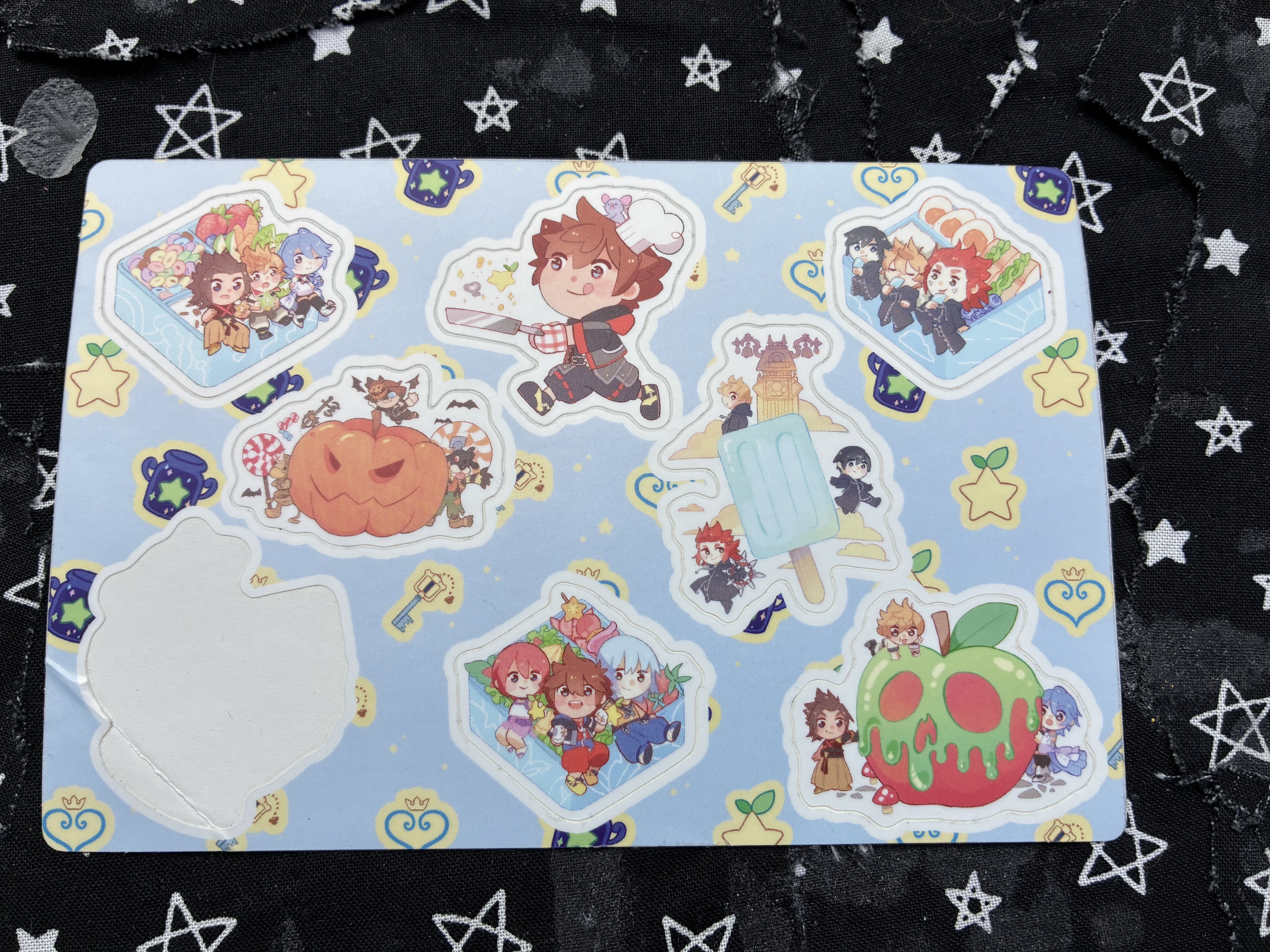 Sticker sheet of Kingdom hearts characters with a food theme for each sticker.